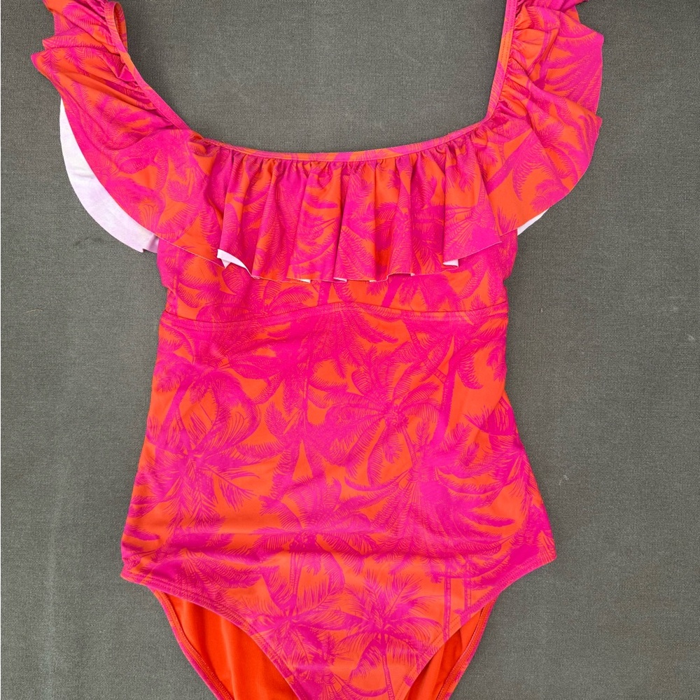 Pink and Orange One Piece Swimsuit with Ruffled Neckline